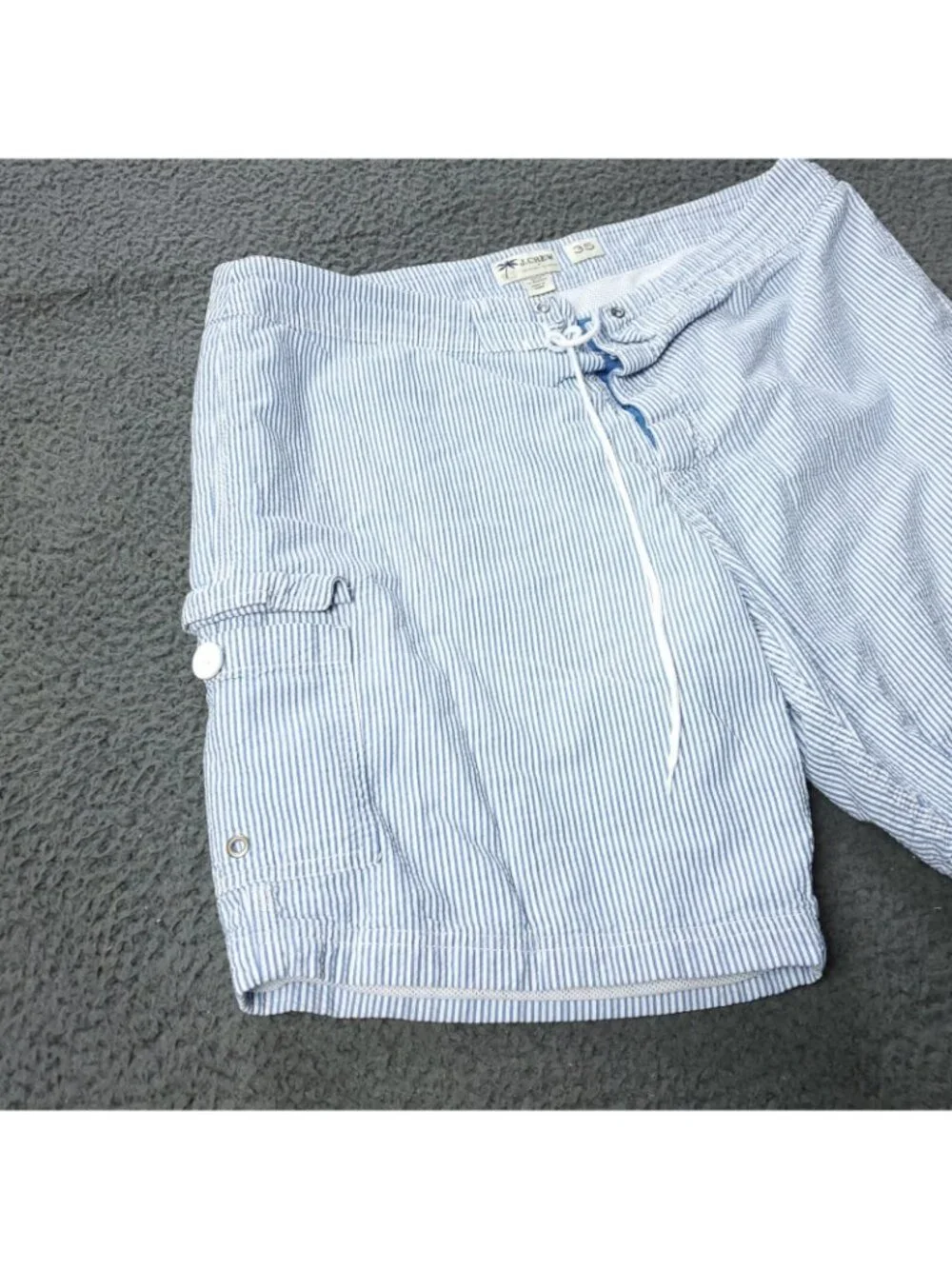 J Crew Seersucker Swim Shorts Mens 35 Cargo Striped Cotton Beach Board Trunks